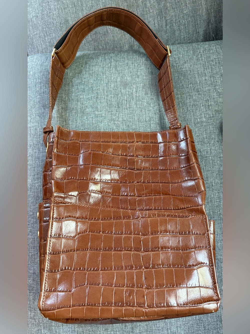 Hammitt Davis Medium Brown Leather Croc Embossed Wide Strap Bag